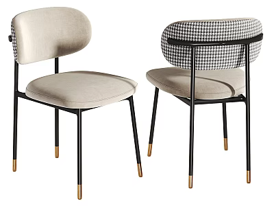 Stylish Leisure Chairs With Light Upholstery Houndstooth Back Black Metal Legs And Golden Feet 3d model