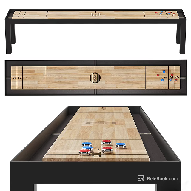 Premium Shuffleboard Table With Wooden Playing Surface Black Frame And Colorful Pucks 3d model 