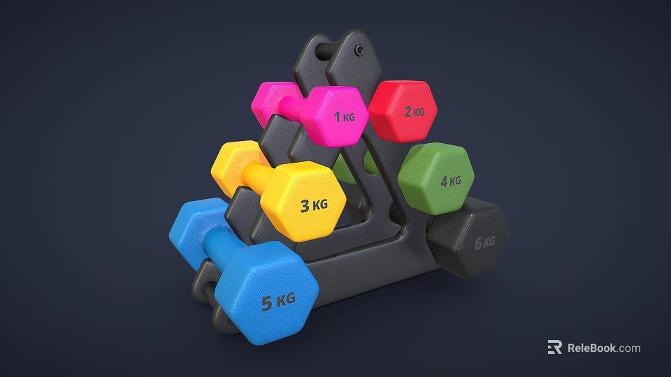 Fitness Equipment Colorful Dumbbells with Various Weights 1kg to 6kg on Black Rack 3d model 
