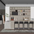 Modern Office Bar Area With Marble Countertop Four Black High Stools And Shelving
