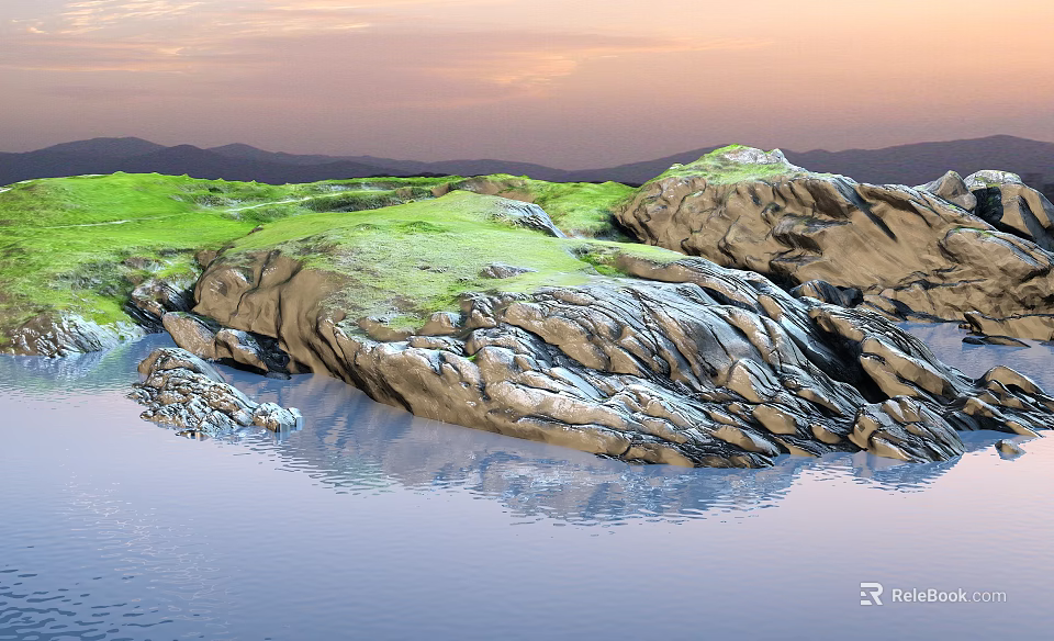 Scenic Landscape With Calm Water Rock Formations Green Grass And Distant Mountains 3d model 