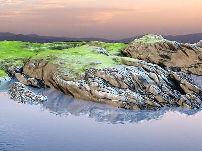 Sculpted Waterside Stone Grass Landscape by the Sea 3d model