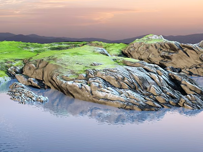 Scenic Landscape With Calm Water Rock Formations Green Grass And Distant Mountains 3d model