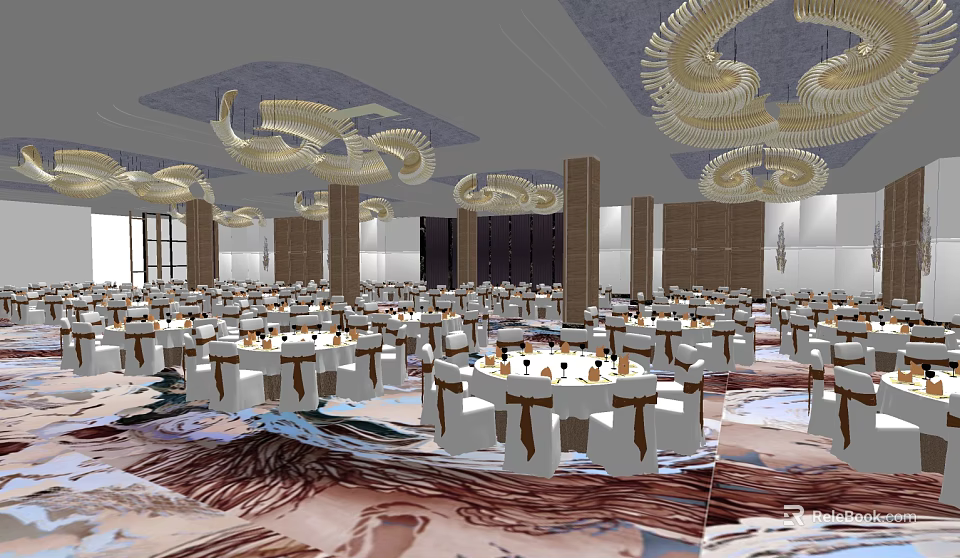 Spacious Banquet Hall Interior With Round Tables Chairs And Elegant Chandeliers 3d model 