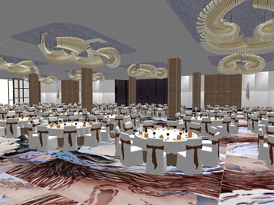 Spacious Banquet Hall Interior With Round Tables Chairs And Elegant Chandeliers 3d model