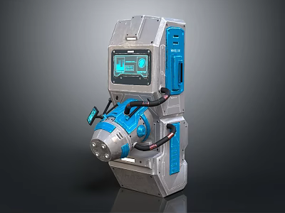 Silver And Blue Industrial Control Panel With Digital Screen And Mechanical Arm 3d model