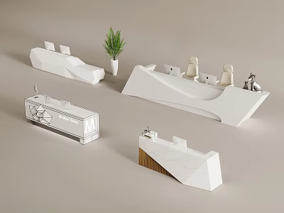 Modern White Reception Desk Designs With Marble Top Wooden Accent And Green Plant 3d model