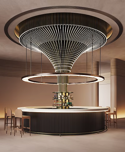 Elegant Sales Office Interior Design With Unique Chandelier And Circular Bar Counter 3d model