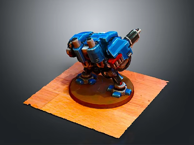 Game Movie Character Blue Robot Model With Wooden Base And Mechanical Weapon 3d model