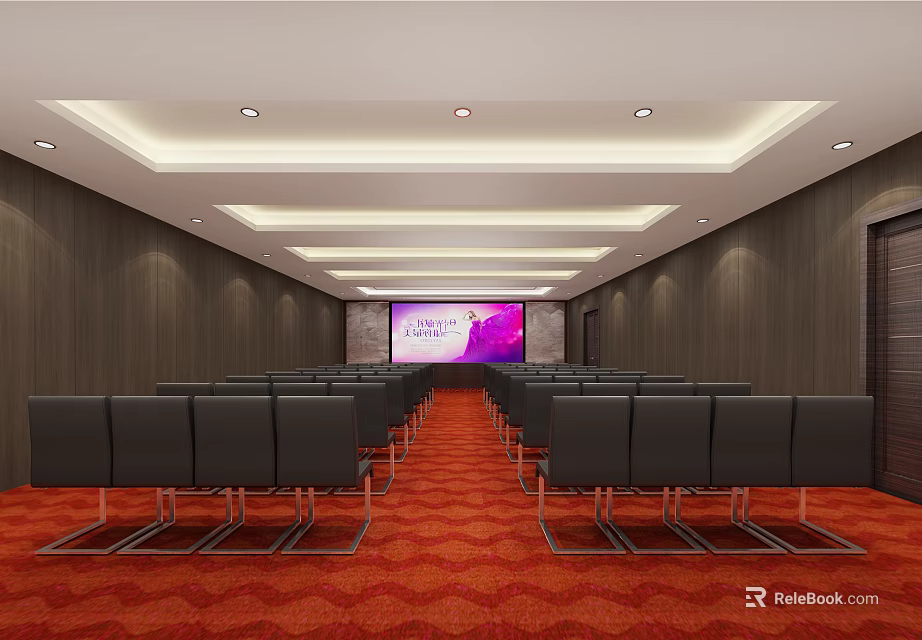 Modern Conference Room With Black Chairs Red Carpet Projection Screen And Wooden Walls 3d model 