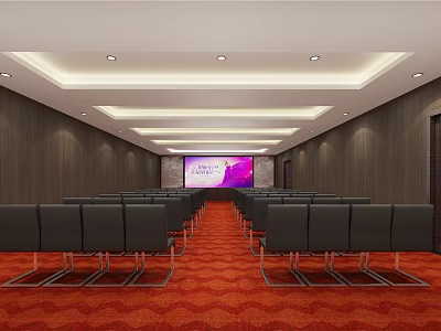 Modern Conference Room With Black Chairs Red Carpet Projection Screen And Wooden Walls 3d model