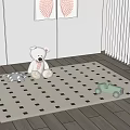 Square Area Rug with Black Squares in Kids Room Featuring Teddy Bear and Toy Car