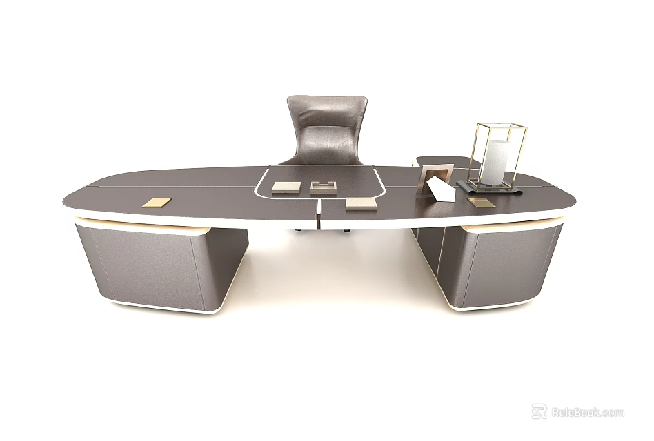 Modern Executive Office Desk With Leather Base Sleek Surface Ergonomic Chair Pen Holder And Notebook 3d model 