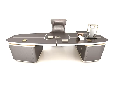 Modern Executive Office Desk With Leather Base Sleek Surface Ergonomic Chair Pen Holder And Notebook 3d model