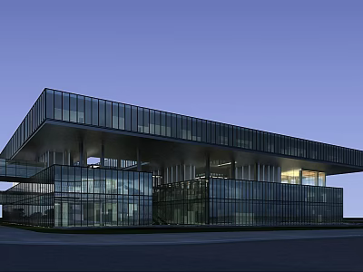 Modern Office Building With Glass Curtain Walls And Illuminated Interior Design 3d model