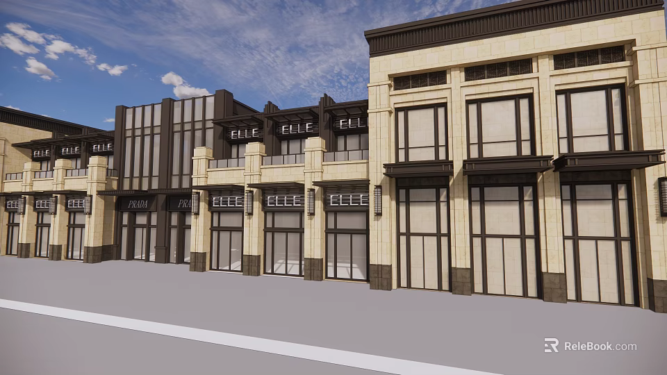 Modern Commercial Street Facade with Large Windows and Storefronts Featuring CELE Signboards on Building Exteriors 3d model 