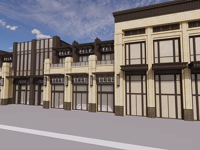 Modern Commercial Street Facade with Large Windows and Storefronts Featuring CELE Signboards on Building Exteriors 3d model