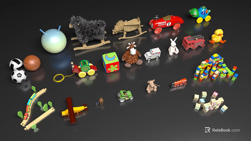 Cute Stuffed Dolls with Toy Cars Building Blocks and Animal Play Figures 3d model 