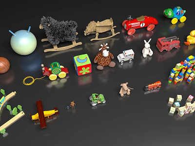 Cute Stuffed Dolls with Toy Cars Building Blocks and Animal Play Figures 3d model