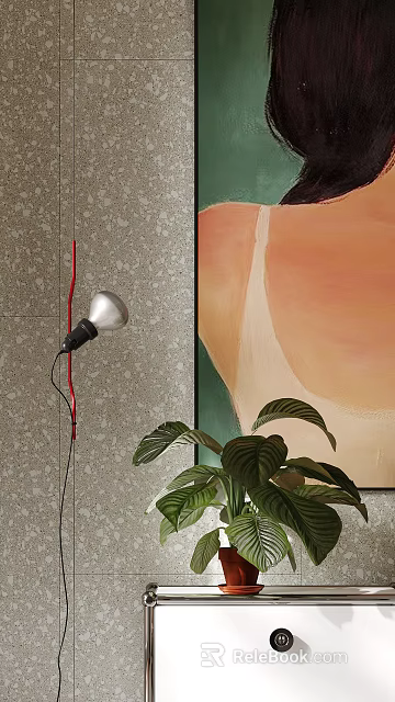Floor lamp with silver head and red wire against gray wall near green plant 3d model 