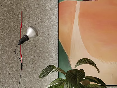 Floor lamp with silver head and red wire against gray wall near green plant 3d model