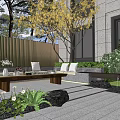 Modern Courtyard Garden with Outdoor Sofa Coffee Table Lush Plants Trees and Gray Stone Slabs