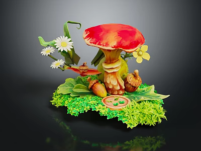 Vibrant Plant Display With Red Mushroom White Daisies Green Leaves Acorns Clover And Grassy Base 3d model