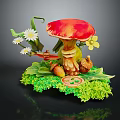 Vibrant Plant Display With Red Mushroom White Daisies Green Leaves Acorns Clover And Grassy Base
