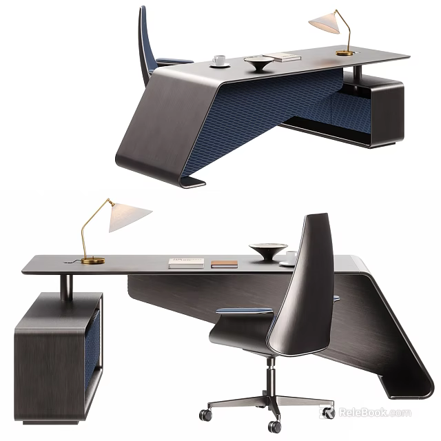 Modern Office Desk Design With Ergonomic Chair Table Lamp And Wooden Top 3d model 