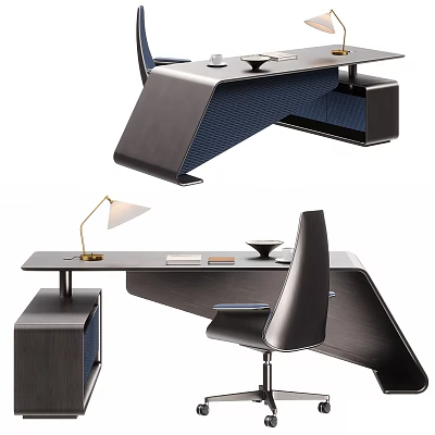 Modern Office Desk Design With Ergonomic Chair Table Lamp And Wooden Top 3d model