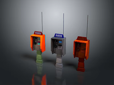 Three Different Colored Public Telephone Booths with Antennas TELEPHONE Sign and Stands 3d model