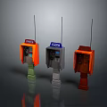 Three Different Colored Public Telephone Booths with Antennas TELEPHONE Sign and Stands