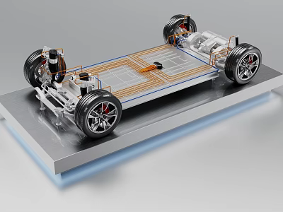 Car Showroom Display Of Detailed Electric Vehicle Chassis Model With Components 3d model