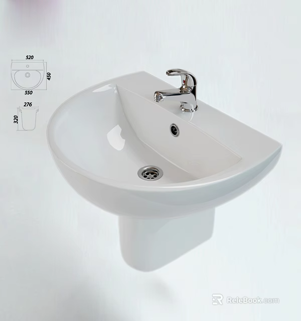 White Ceramic Washbasin Modern Design With Chrome Faucet Pedestal Base And Dimensions 520x420mm 3d model 