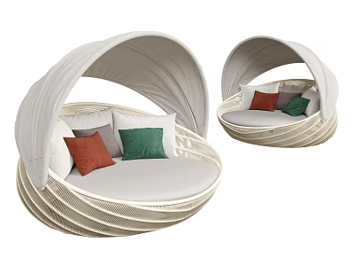 White Rattan Outdoor Sofa Round Design With Colorful Cushions And Canopy 3d model
