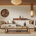 Modern Wooden Living Room Interior Design With Sofa Coffee Table Pendant Light And Decorative Art