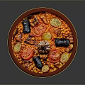 Traditional Mediterranean Dish in Round Red Plate with Tomatoes Black Olives Beans and Herb Garnish