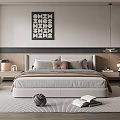 Modern Minimalist Bedroom Interior With Bed Nightstands Artwork Wardrobe Pendant Light And Rug