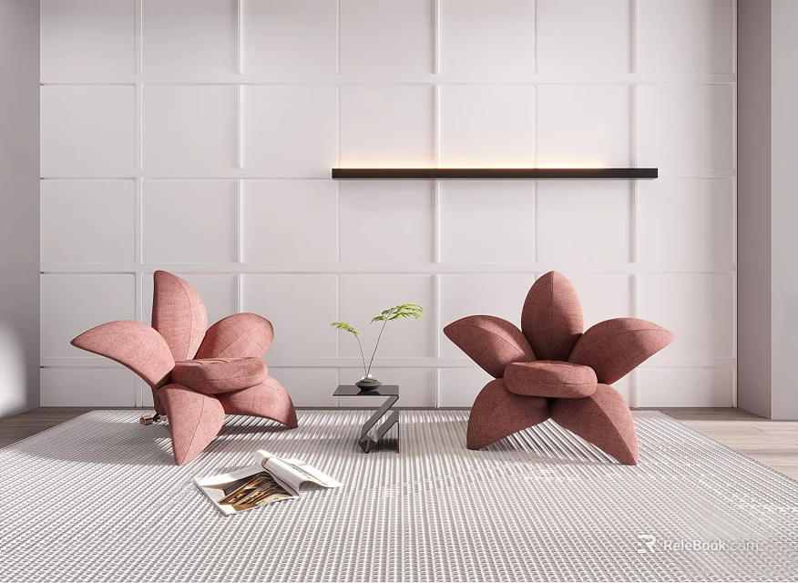 Two Pink Flower Shaped Single Sofas With Small Coffee Table Green Plant And Carpet 3d model