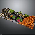 Assorted Food Platter with Red Shrimp Black Melon Seeds Green Garnish and Colorful Sauce