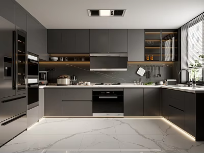 Modern Kitchen Interior With Dark Cabinets Marble Flooring And Stainless Steel Appliances 3d model