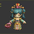 Vibrant Cartoon Character With Teal Double Ponytails Ornate Headdress Colorful Traditional Costume Holding Pink Object