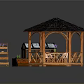 Wooden Gazebo With Tile Roof Tables Chairs And Glass Greenhouse With Shelves