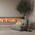 Tan Single Sofa With Ottoman And Mint Green Single Sofa Beside Modern Fireplace With Flames