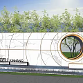 Modern Building Exterior Wall With Marble Texture Circular Window Lush Trees And Mountain View