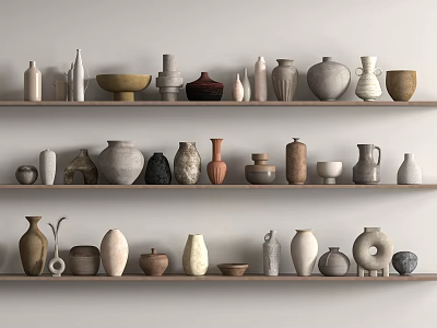Ceramic Vessels Displayed On Multiple Shelves With Various Shapes And Earthy Tones 3d model