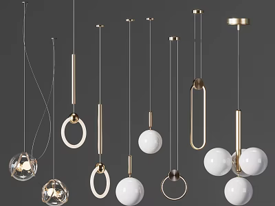 Various Modern Pendant Light Designs With Gold Metal Frames And White Globe Shades 3d model