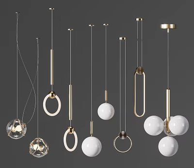 Various Modern Pendant Light Designs With Gold Metal Frames And White Globe Shades 3d model