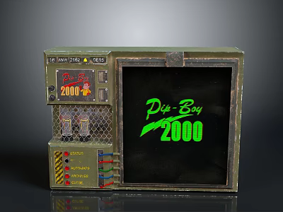 Pit-Boy 2000 Control Panel With Metal Casing Gauges Buttons Warning Labels And Green Text 3d model