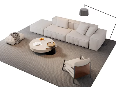 Modern White Modular Sofa And Round Coffee Table Set With Gray Rug Accent Chair 3d model